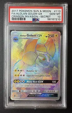 PSA 10 ALOLAN GOLEM GX SECRET 113 CRIMSON INVASION SUN MOON FULL ART POKEMON - Image 1