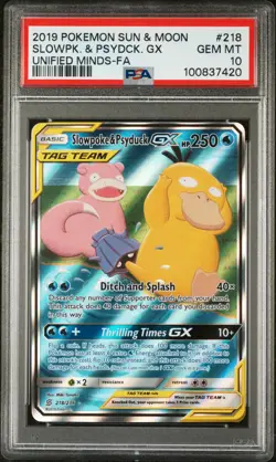 2019 POKEMON SUN & MOON UNIFIED MINDS #218 FULL ART/SLOWPOKE & PSYDUCK GX PSA 10 - Image 1