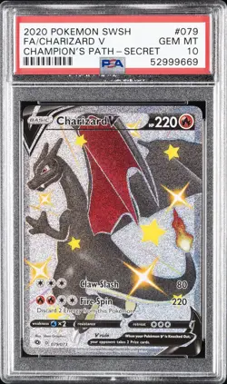 2020 POKEMON SWORD & SHIELD CHAMP'S PATH SECRET #079 FULL ART/CHARIZARD V PSA 10 - Image 1