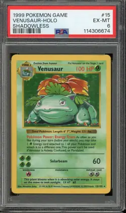 1999 POKEMON GAME #15 VENUSAUR HOLO EX-MT SHADOWLESS PSA 6 - Image 1