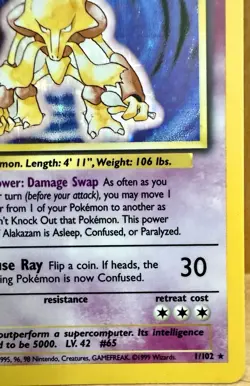 Alakazam Pokemon Base Set Holo Rare Unlimited Card #1/102 1999 Pokemon TCG LP - Image 3