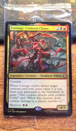 CARNAGE, CRIMSON CHAOS Pre-Release Foil Still In Wrapper - Spider-Man MTG Magic - Image 1