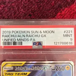 2019 Pokemon S&M Unified Minds Raichu/Alolan Raichu Gx 221/236 Full Art PSA 9 B - Image 3