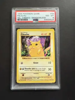 1999 POKEMON BASE SET SHADOWLESS YELLOW CHEEKS #58 PIKACHU PSA 8 - Image 1