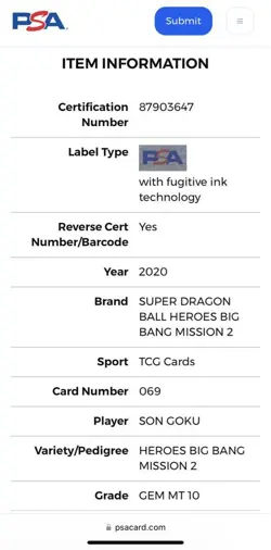 Dragon Ball Heroes PSA10 Son Goku Super Saiyan 3 Trading Card Gem Mint World 6 - Image 4