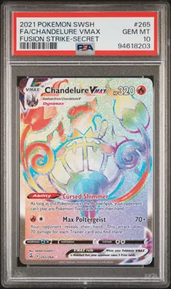 2021 Pokemon Fusion Strike Full Art Secret CHANDELURE Vmax #265 PSA 10 GEM MT - Image 1
