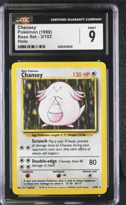 CGC 9 MINT Chansey 1999 Base Set 3/102 Holo Pokemon Card - Image 1