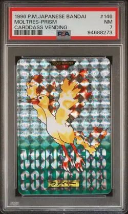 MOLTRES 1996 POKEMON JPN BANDAI CARDDASS VENDING PRISM GREEN #146 PSA 7 - Image 1