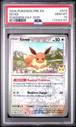 2025 POKEMON PRE EN-PRISMATIC EVOLUTIONS POKEMON DAY 2025 #074 EEVEE PSA 10 - Image 1
