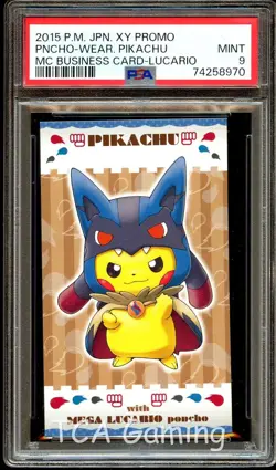 PSA 9 MINT Poncho Wearing Pikachu MEGA Lucario BUSINESS Pokemon Card 970 - Image 1