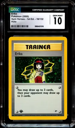 CGC 10 GEM MINT Erika 16/132 1st Edition HOLO RARE Gym Heroes Pokemon Card 016 - Image 1