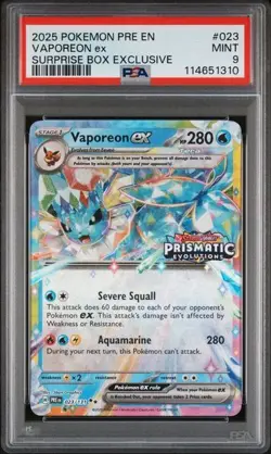 2025 POKEMON PRISMATIC EVOLUTIONS SURPRISE BOX EXCLUSIVE #023 VAPOREON EX PSA 9 - Image 1