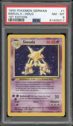 1999 Pokemon GERMAN 1st Edition Base Set Simsala-Alakazam Holo 1/102 PSA 8 NM-MT - Image 1