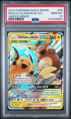 2019 POKEMON SUN & MOON UNIFIED MINDS #54 RAICHU & ALOLAN RAICHU GX PSA 10 - Image 1
