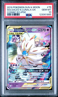 Pokemon Solgaleo & Lunala GX 75/236 PSA 10 GEM Sm-Cosmic Eclipse Tag Team Holo - Image 1