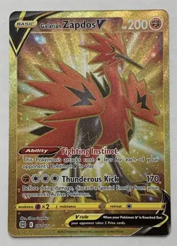 2022 Pokemon Brilliant Stars Galarian Zapdos V 182/172 Gold Secret Rare NM - Image 1