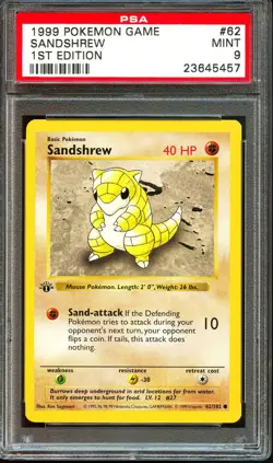 PSA 9 MINT Sandshrew 62/102 1st Edition Shadowless Base Set 1999 Pokemon Card - Image 1