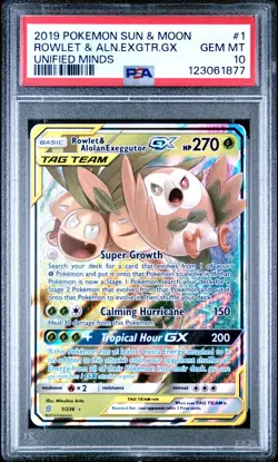 Pokemon Rowlet & Alolan Exeggutor GX 1/236 PSA 10 GEM Sm-Unified Mind Tag Team - Image 1