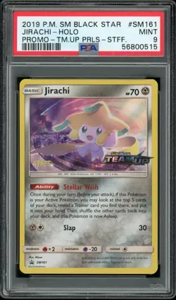 2019 Pokemon Jirachi Prerelease Staff Holo Black Star Promo SM161 PSA 9 - Image 1