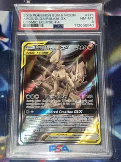 2019 Pokemon Cosmic Eclipse Arceus Dialga Palkia Tag Team GX #221/236 PSA 8 - Image 1