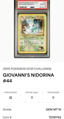 2000 Pokemon Gym Challenge Giovanni's Nidorina #44/132 PSA 10 GEM MINT LOW POP - Image 1