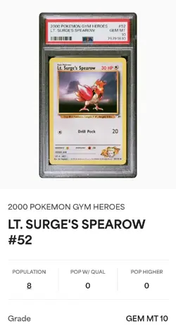 2000 Pokemon Gym Heroes LT. Surge's Spearow #52/132 PSA 10 GEM MINT LOW POP - Image 1