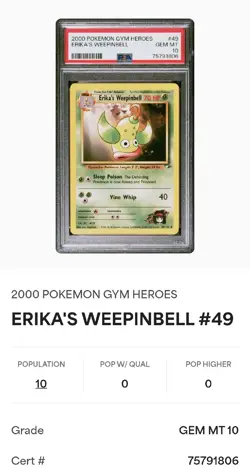 2000 Pokemon Gym Heroes Erika's Weepinbell #49/132 PSA 10 GEM MINT LOW POP - Image 1