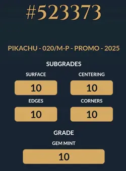 ACE Pristine 10 (perfect sub grades) PIKACHU PROMO 020 McDONALD'S 2025 card Jp, - Image 3