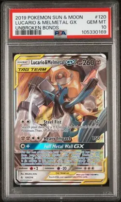2019 POKEMON SUN & MOON UNBROKEN BONDS #120 LUCARIO & MELMETAL GX PSA 10 - Image 1