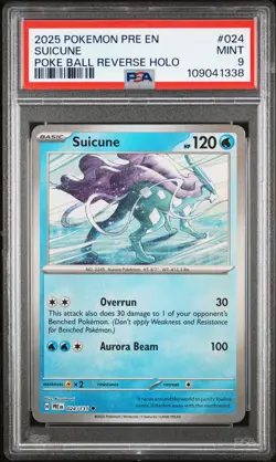 2025 POKEMON PRE EN-PRISMATIC EVOLUTIONS POKE BALL REVERSE HOLO SUICUNE PSA 9 - Image 1