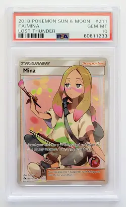 PSA 10 GEM MINT Mina 211/214 Lost Thunder "Full Art Trainer" Pokemon Card - Image 1
