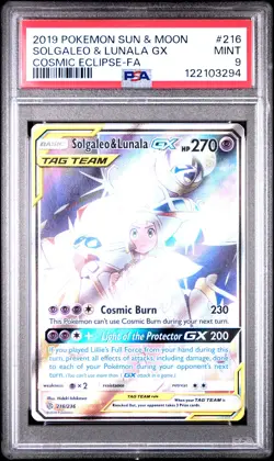 2019 POKEMON SUN & MOON COSMIC ECLIPSE #216 FULL ART/SOLGALEO & LUNALA GX PSA 9 - Image 1