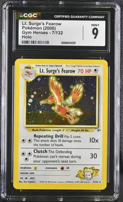 CGC 9 MINT Lt. Surge's Fearow 2000 Gym Heroes 7/132 Holo SWIRL Pokemon Card - Image 1