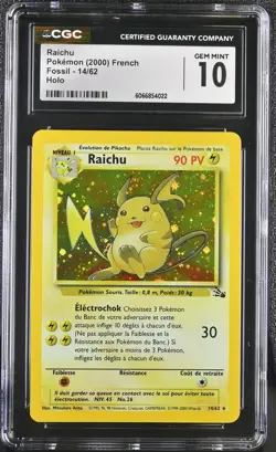 CGC 10 GEM MINT Raichu 2000 Fossil 14/62 Holo FRENCH Pokemon Card - Image 1