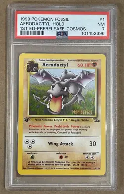 1999 Pokemon Fossil Aerodactyl-Holo 1st edition prerelease cosmos PSA NM - Image 1