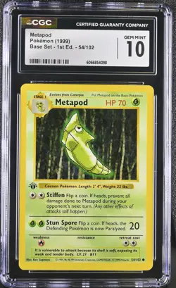 CGC 10 GEM MINT Metapod 1999 Base Set 1st Edition Shadowless 54/102 Pokemon Card - Image 1