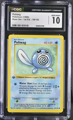 CGC 10 GEM MINT Poliwag 1999 Base Set 1st Edition Shadowless 59/102 Pokemon Card - Image 1