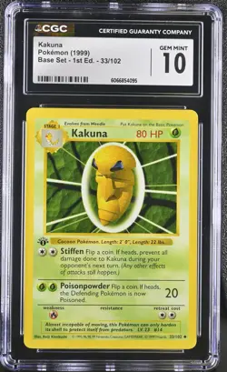 CGC 10 GEM MINT Kakuna 1999 Base Set 1st Edition Shadowless 33/102 Pokemon Card - Image 1
