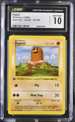 CGC 10 GEM MINT Diglett 1999 Base Set 1st Edition Shadowless 47/102 Pokemon Card - Image 1