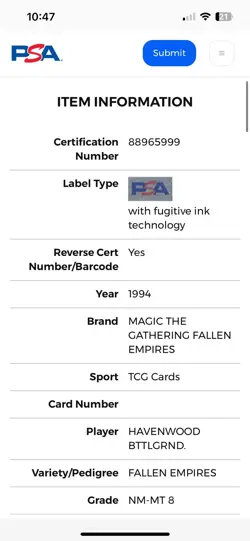 HAVENWOOD BATTLEGROUND Fallen Empires 1994 Magic The Gathering MTG PSA 8 NM-MT - Image 4