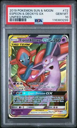2019 POKEMON SUN & MOON UNIFIED MINDS #72 ESPEON & DEOXYS GX PSA 10 - Image 1