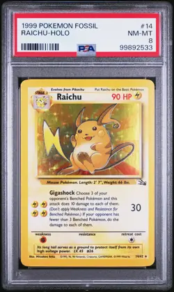 1999 POKEMON FOSSIL #14 RAICHU-HOLO PSA 8 - Image 1