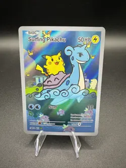 After Skool Hobby Surfing Pikachu On Lapras custom Pokemon Fan Art Card Holo - Image 1
