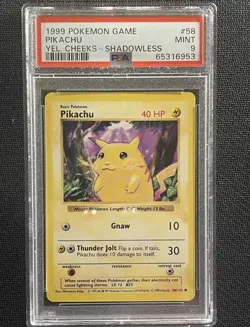 Pokemon TCG Cards SHADOWLESS Pikachu 58/102 Base Set Yellow Cheeks PSA 9 - Image 1