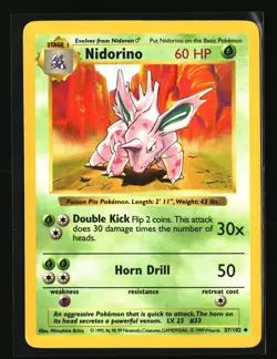 Pokemon NIDORINO 37/102 Shadowless (1999 Base Set) LP/Light Play - Image 1
