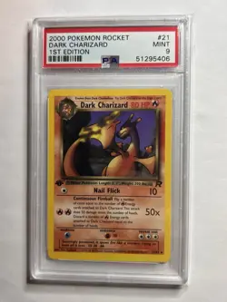 2000 Pokemon Team Rocket 1st Ed. Dark Charizard NON-HOLO #21 PSA 9 Mint - Image 1