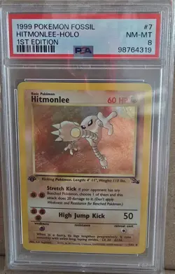 PSA 8 GRADED NM/MINT HITMONLEE FOSSIL 1ST EDITION HOLO POKEMON CARD #7/62 (5) - Image 1