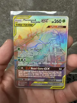 Pokemon Unbroken Bonds Full Art Rainbow Pheromosa & Buzzwole GX Card 215/214 - Image 1
