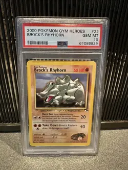 Brock’s Rhyhorn PSA 10 Pokemon 2000 Gym Heroes Card #22 - Image 1