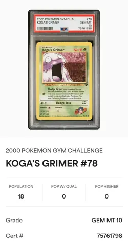 2000 Pokemon Gym Challenge Koga's Grimer #78/132 PSA 10 GEM MINT LOW POP - Image 1